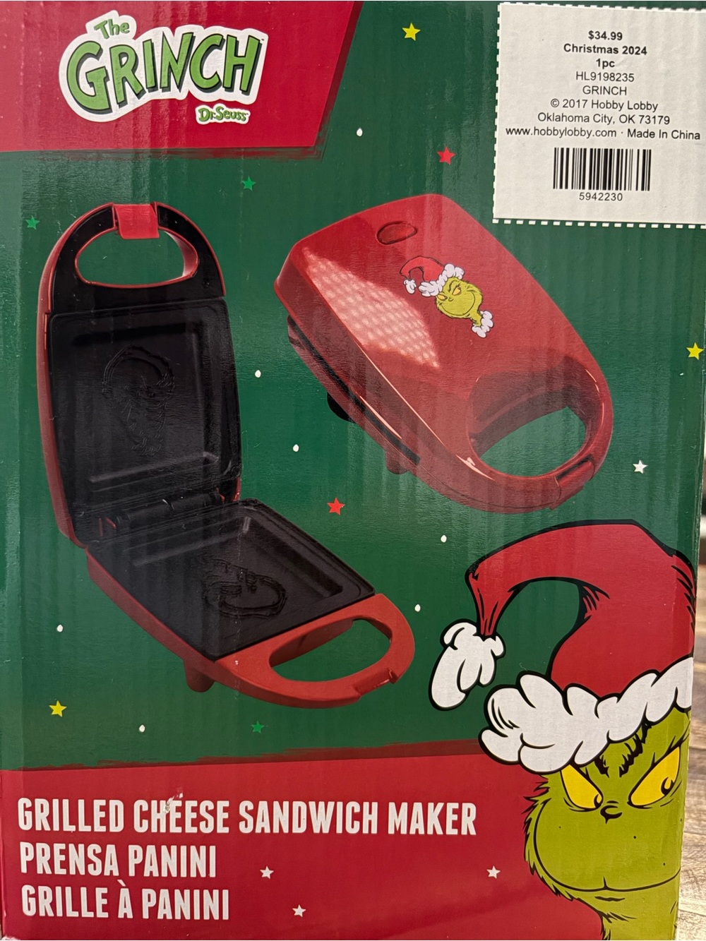 The Grinch Grilled Cheese Sandwich Maker Red Christmas Dr Seuss NEW 2024